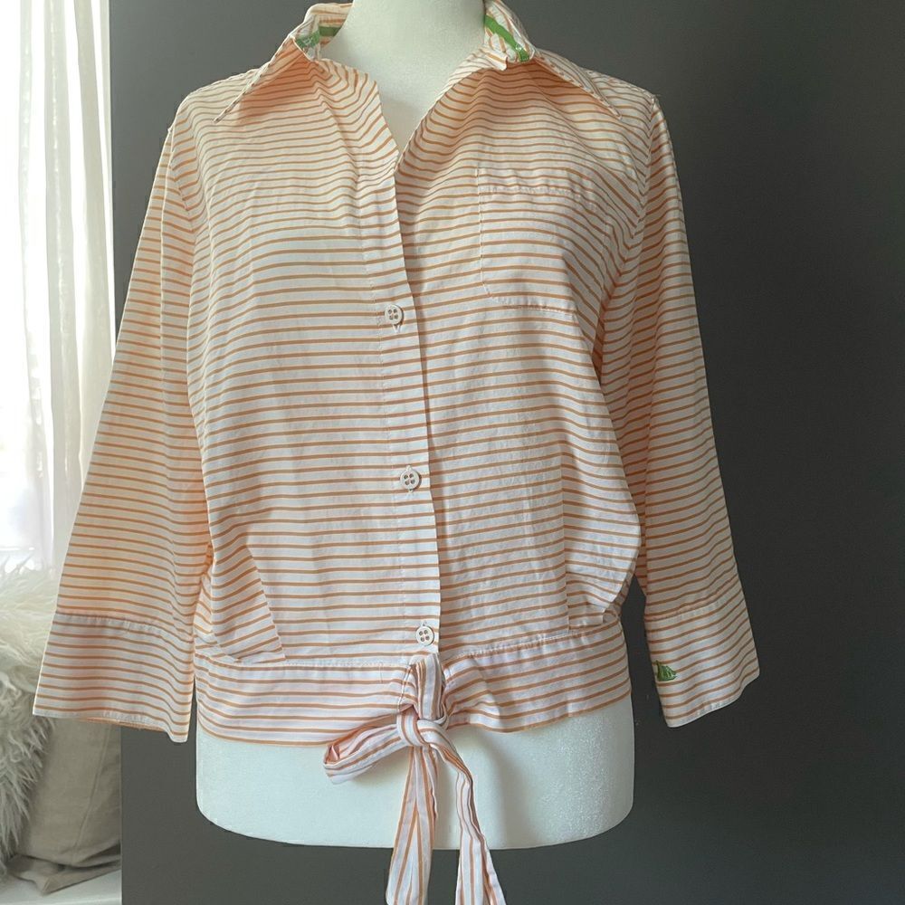 Liz Claiborne Cotton Cropped Striped Button Down Shirt
